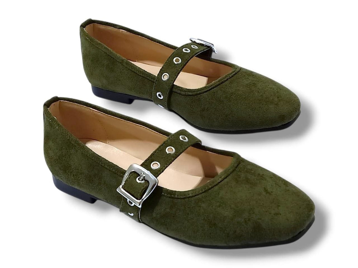 Chamois Buckle-Strap Ballerina Flats – Olive