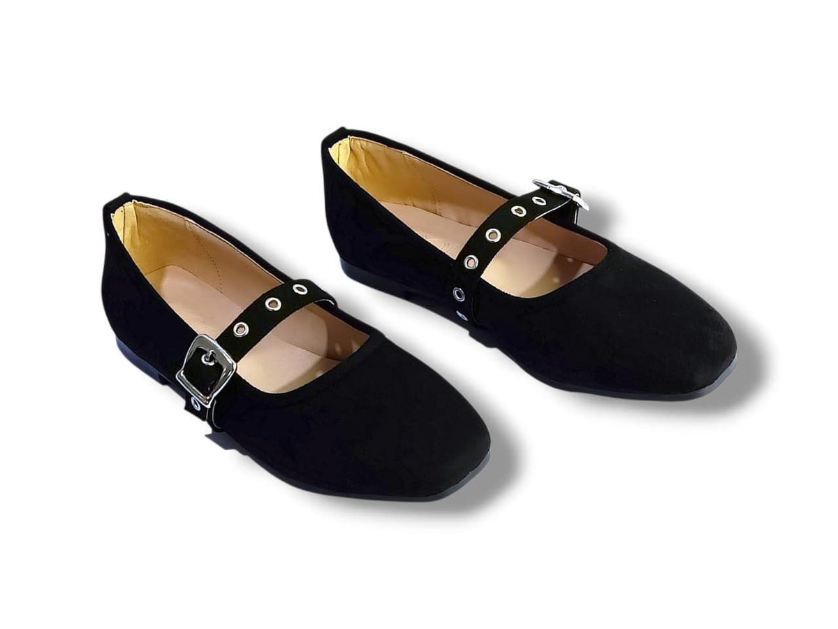 Chamois Buckle-Strap Ballerina Flats – Black