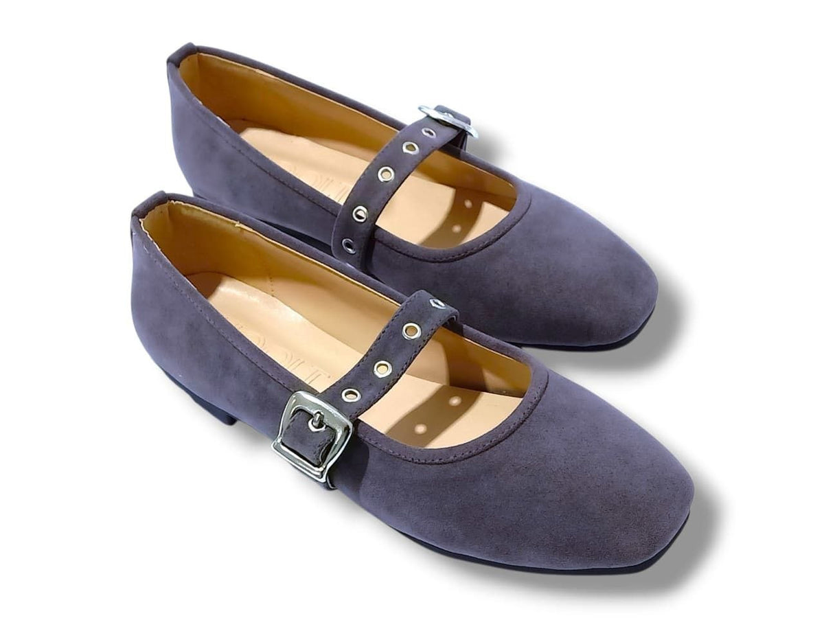 Chamois Buckle-Strap Ballerina Flats – Grey
