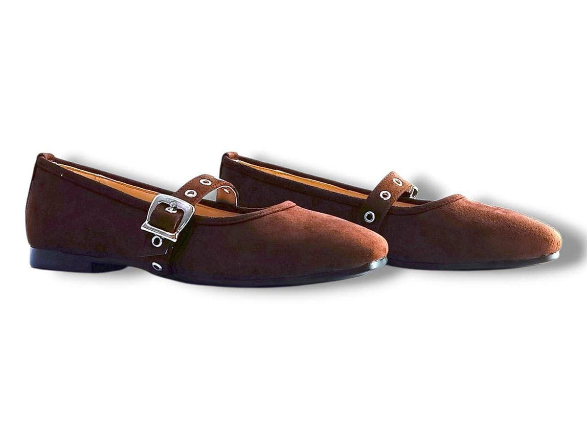 Chamois Buckle-Strap Ballerina Flats – Brown