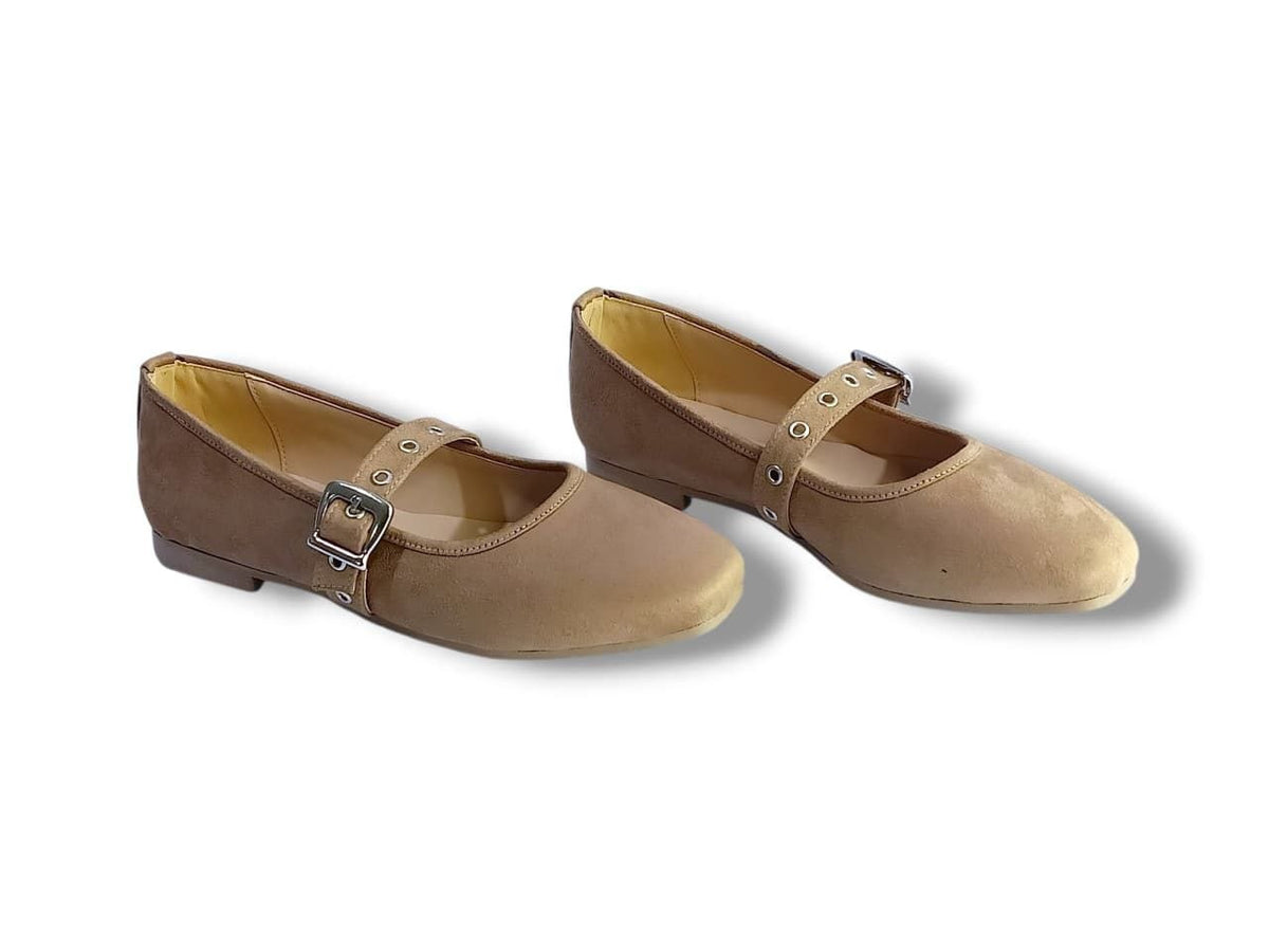 Chamois Buckle-Strap Ballerina Flats – Beige