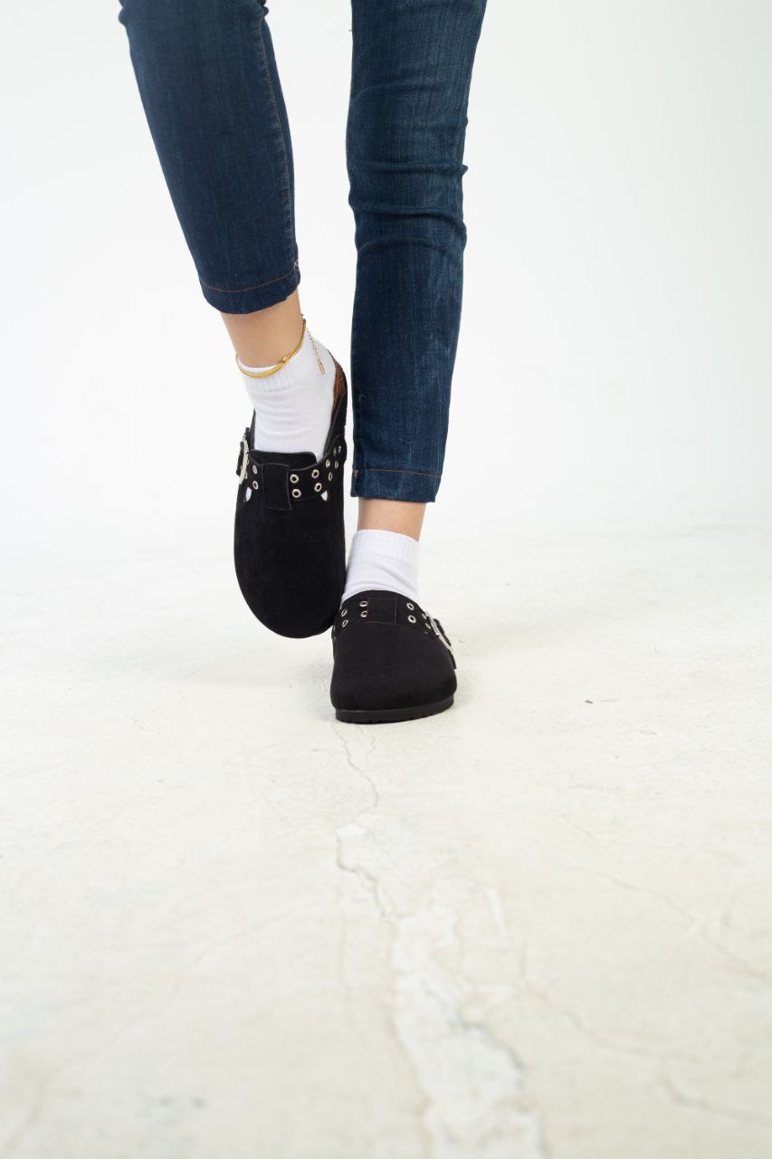 Chamois Leather Buckle Clog Mules – Black