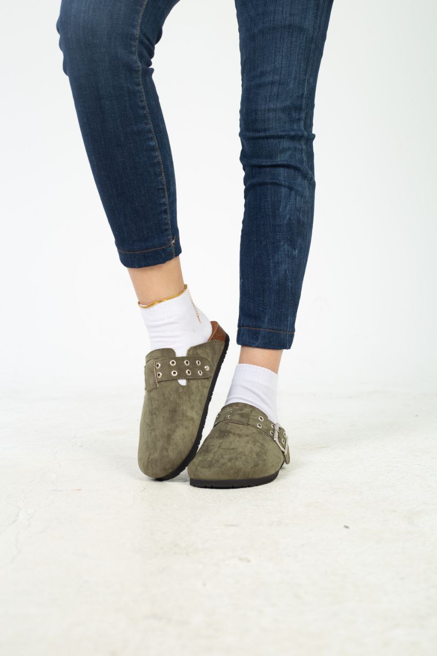 Chamois Leather Buckle Clog Mules – Olive