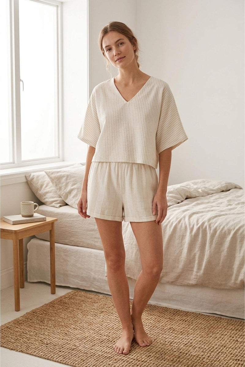 Pinstripe Boxy Pajama Set – Off White & Beige