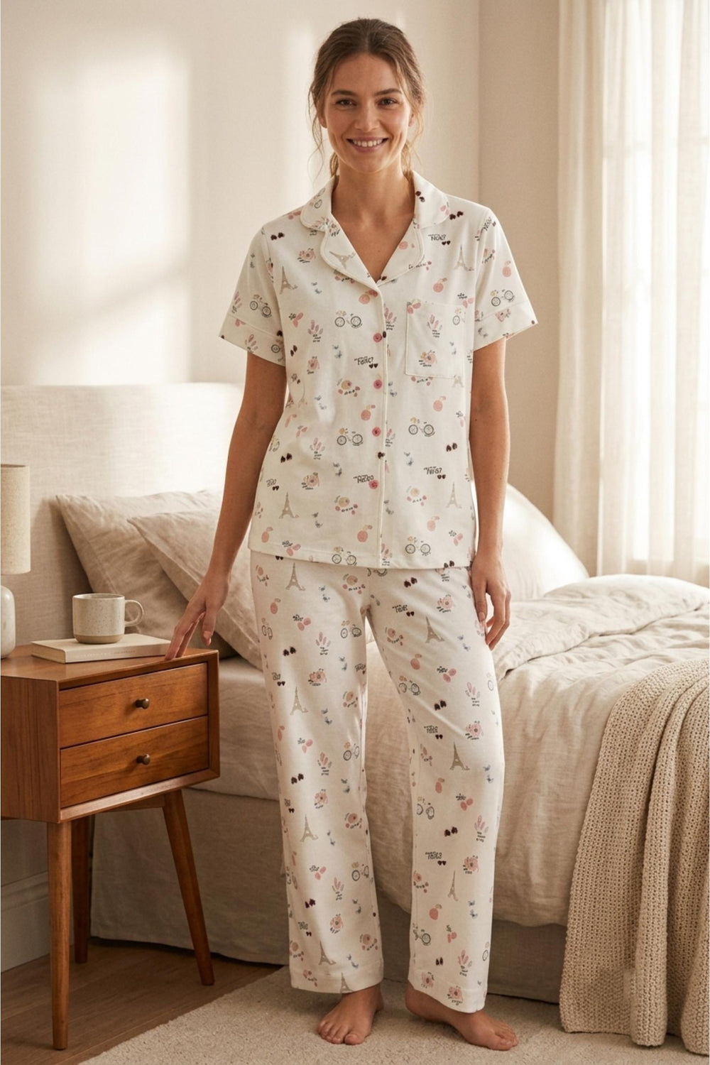 Tossed Graphic Classic Pajama Set – White