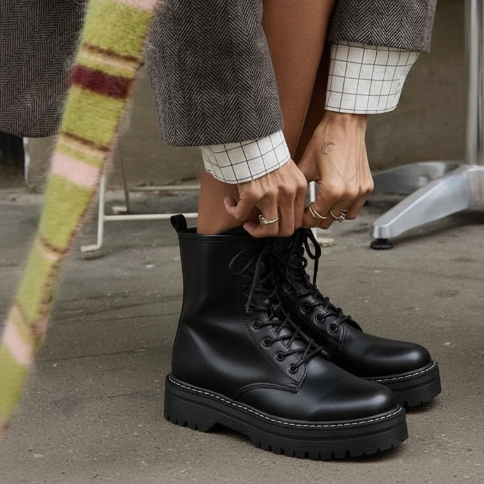 Faux Leather Combat Boots – Black