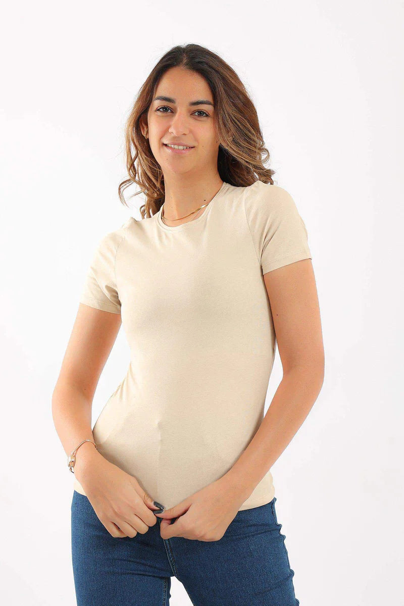Round Neck Cotton Slim Fit Top - Beige