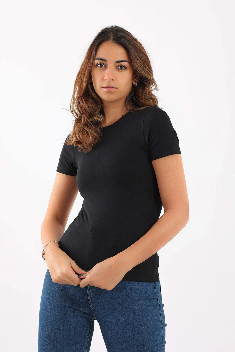 Round Neck Cotton Slim Fit Top - Black