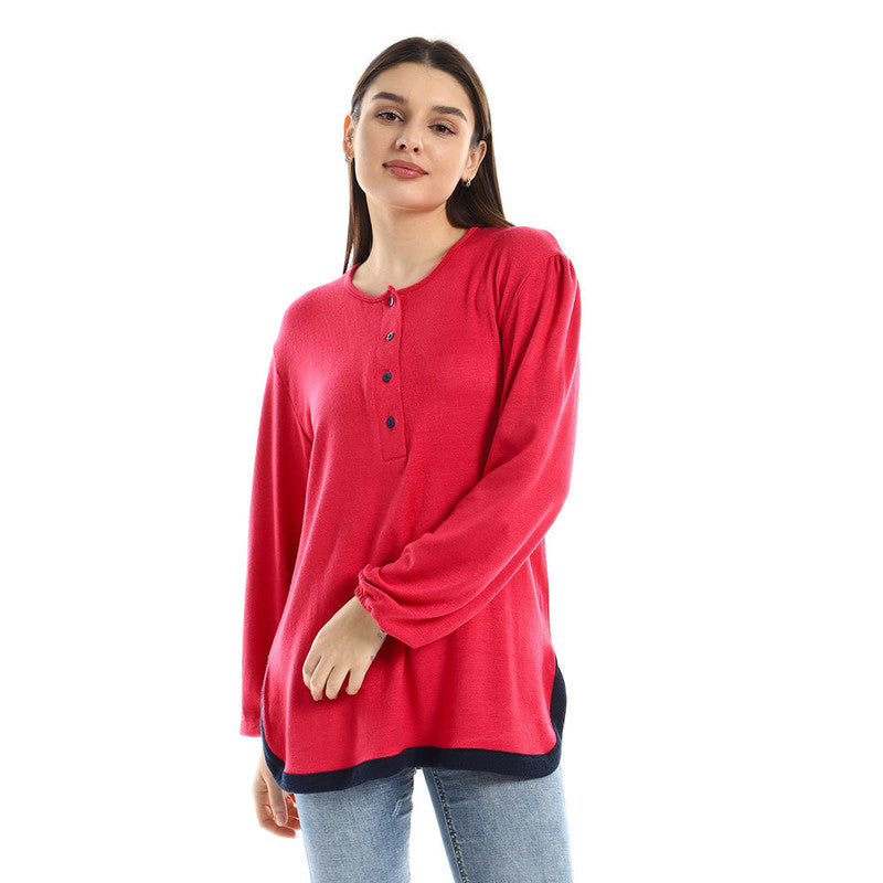 Solid Upper Buttoned Long Sleeve Top – Fuchsia