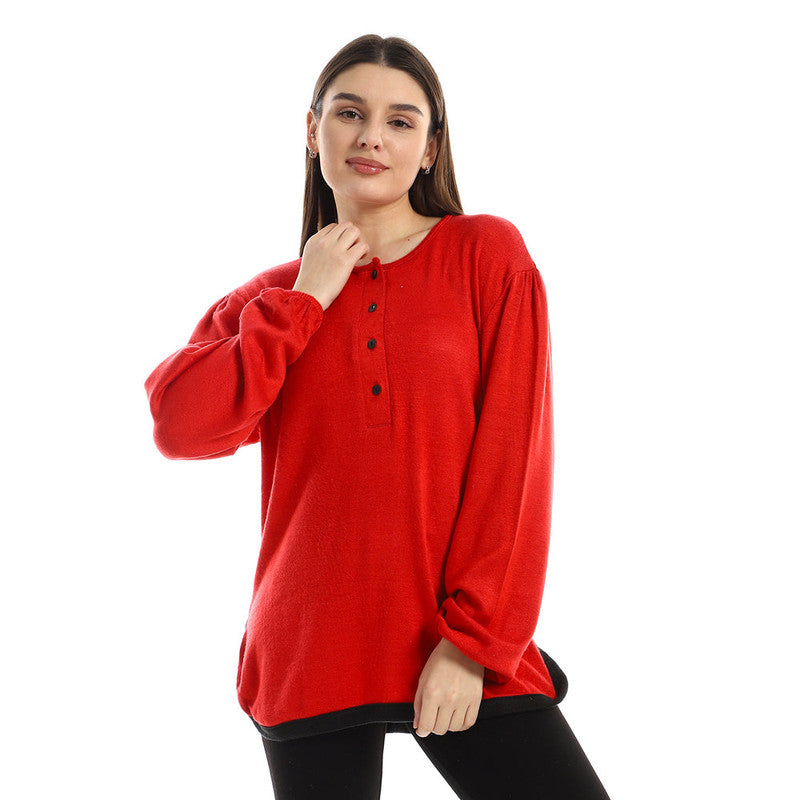 Solid Upper Buttoned Long Sleeve Top – Red