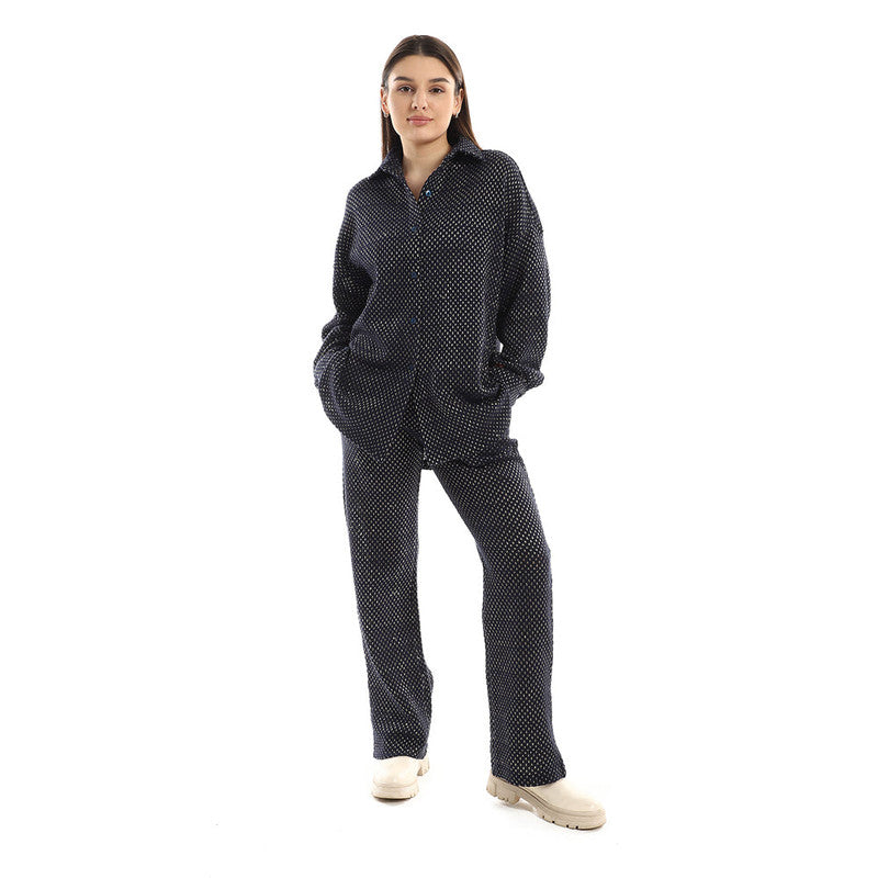 Self Pattern Buttoned Shirt Pants Set – Navy
