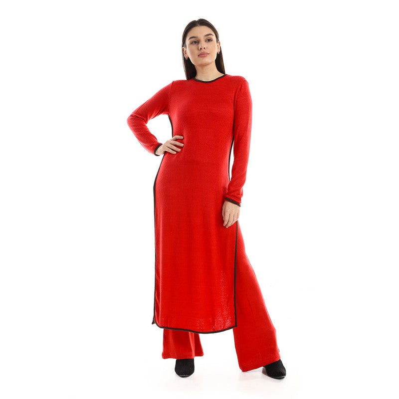 Jamila Side Slit Long Top & Wide Pants Set – Red