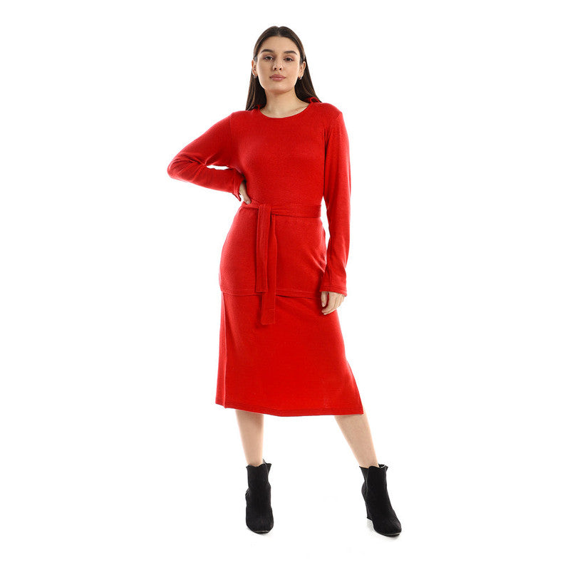 Jamila Side Slit Skirt & Round Top Set – Red
