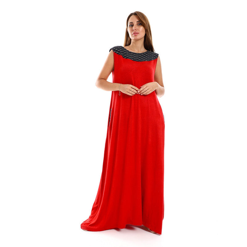 Jamila Yoke Chest Glittery Stitching Dress – Red