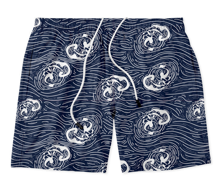 Microfiber Wave Print Swim Shorts – Navy