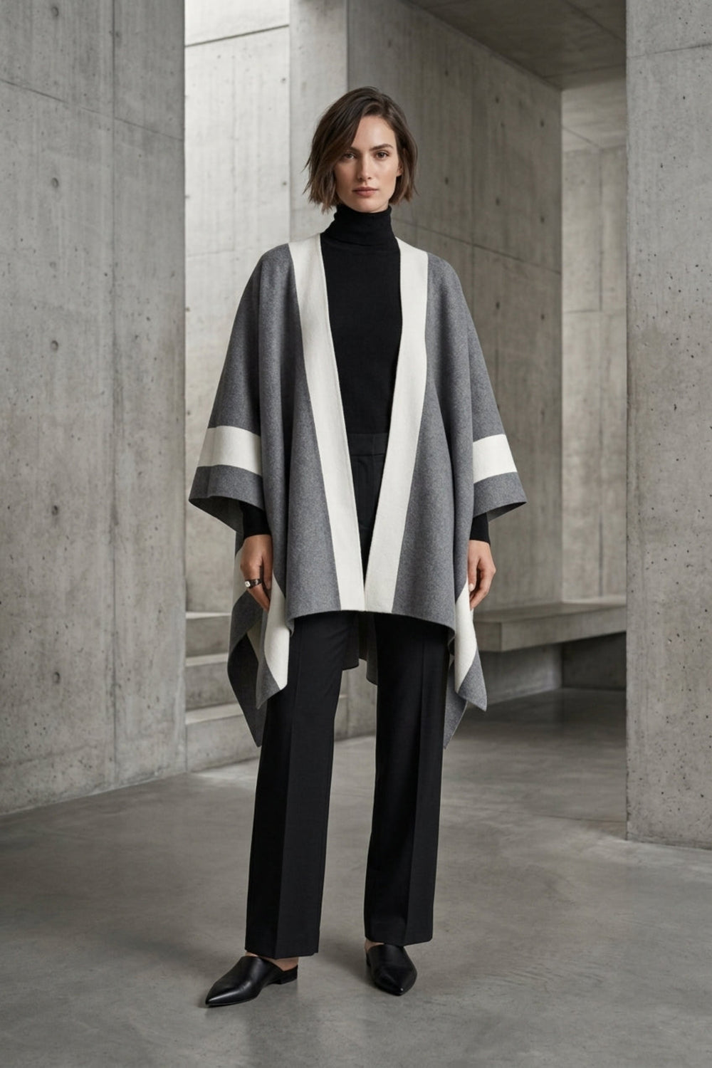 Striped Asymmetrical Open-Front Knit Poncho – Grey