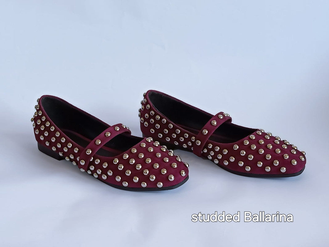 Velvet Fabric Studded Ballarina - Burgundy