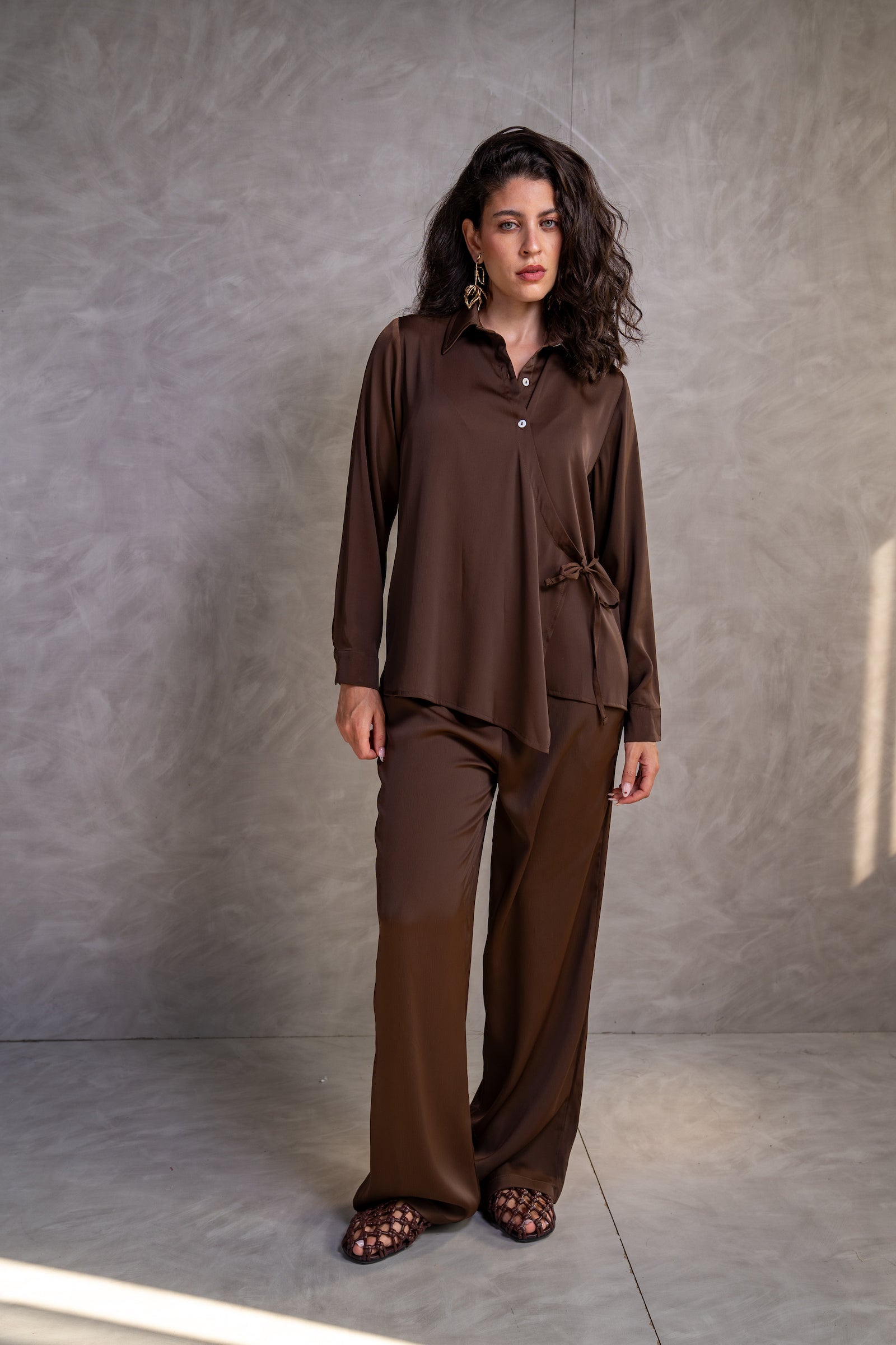 Draped Wrap Blouse - Dark Brown