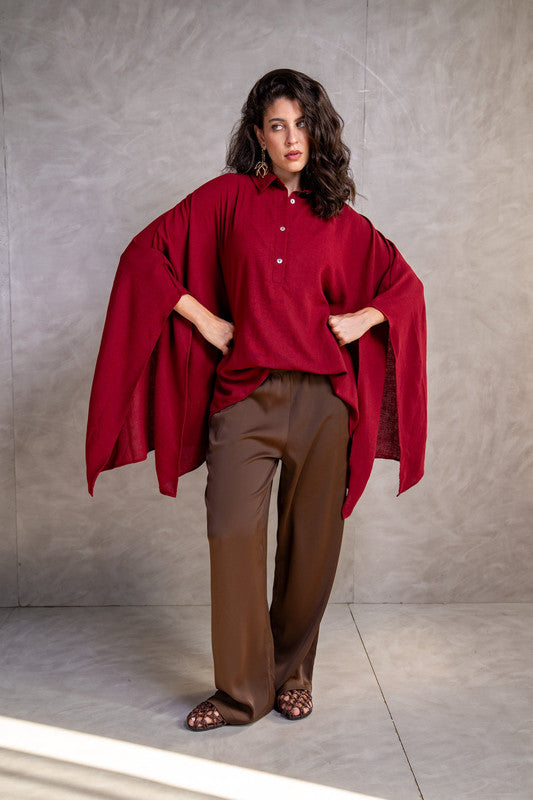 Flowy Half-Button Batwing Poncho – Light Burgundy