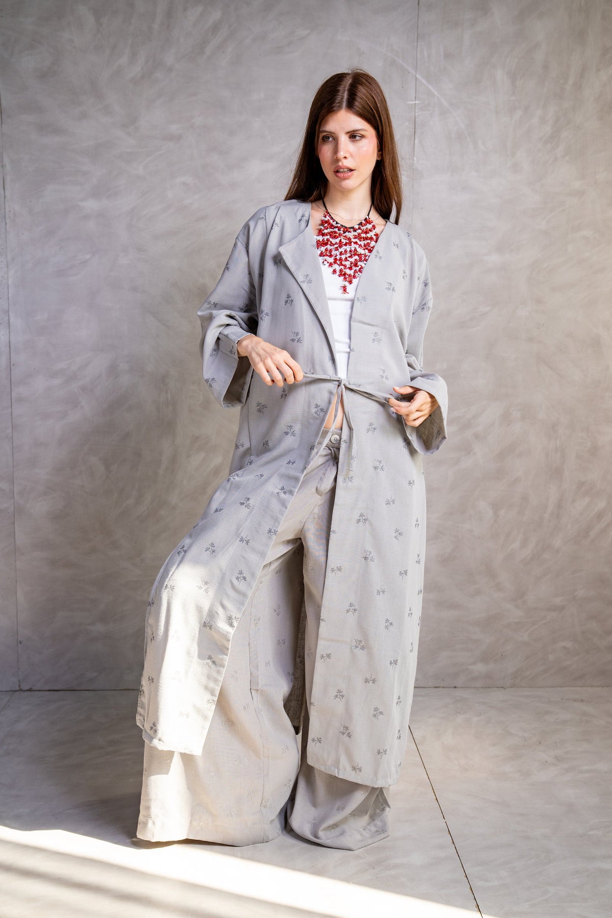 Embroidered Wide Trousers - Gray