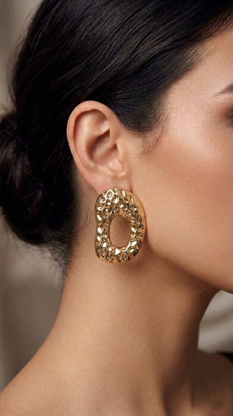 Hammered Hollow Oval Earrings - Gold