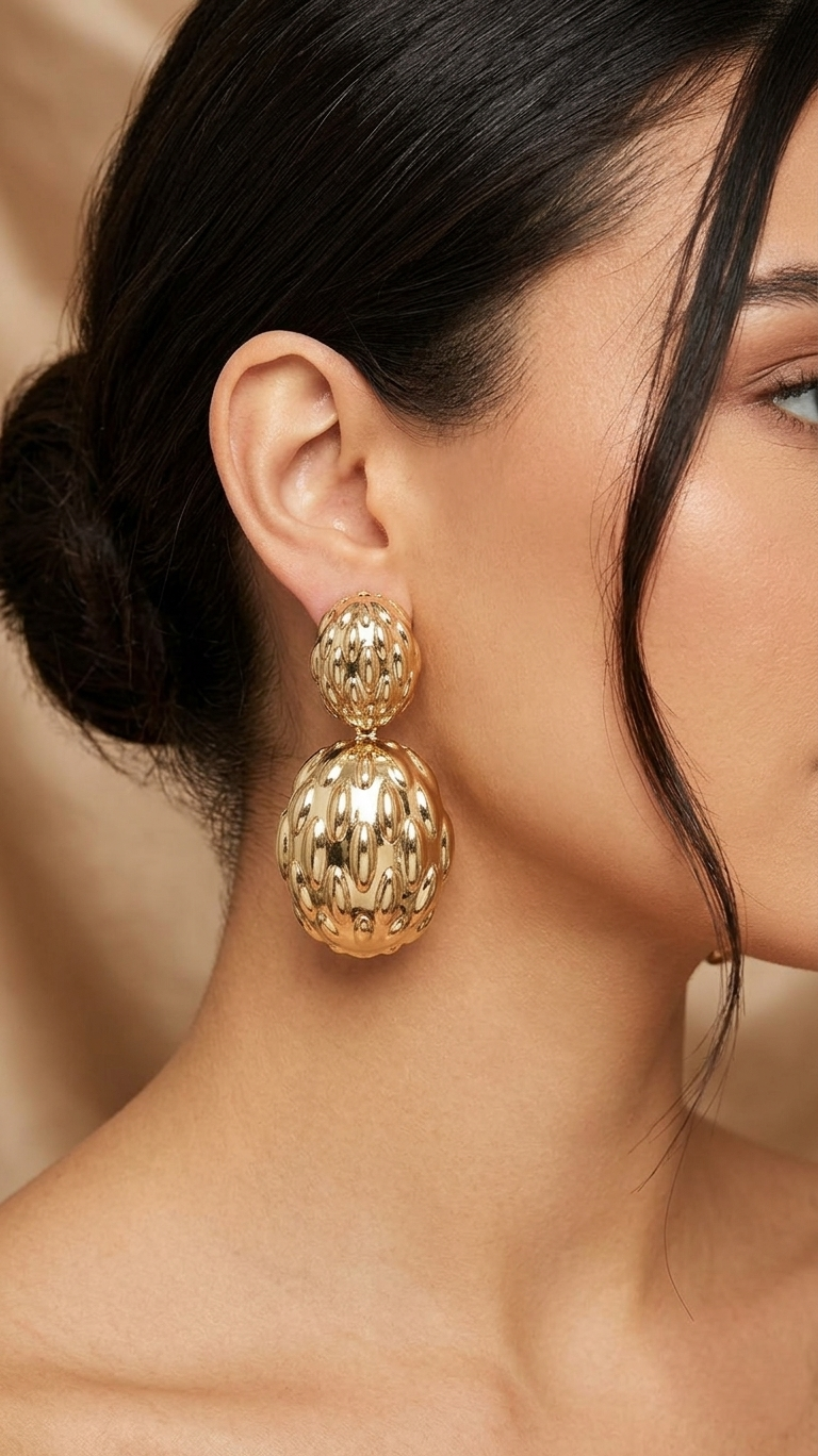 Textured Oval Drop Earrings - Gold