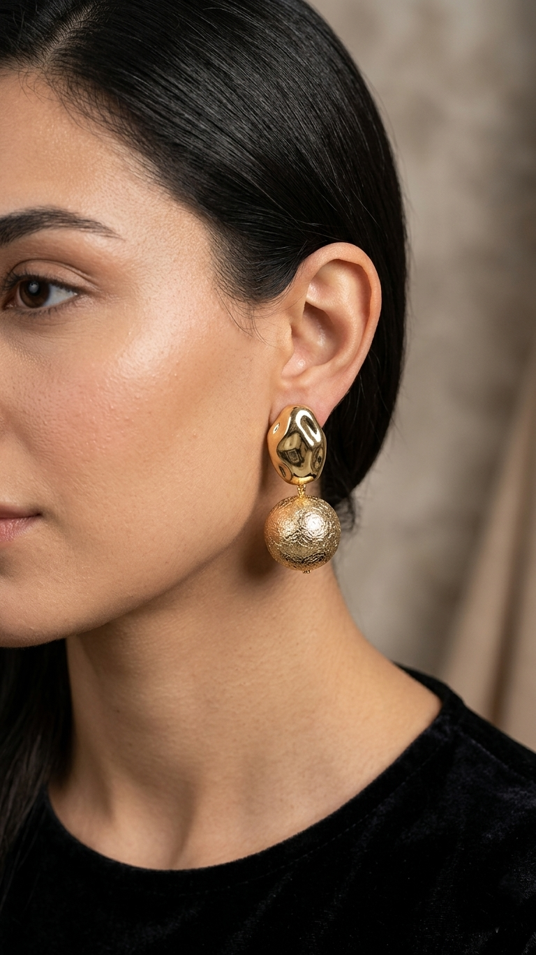 Organic Hollow Sphere Drop Earrings - Gold