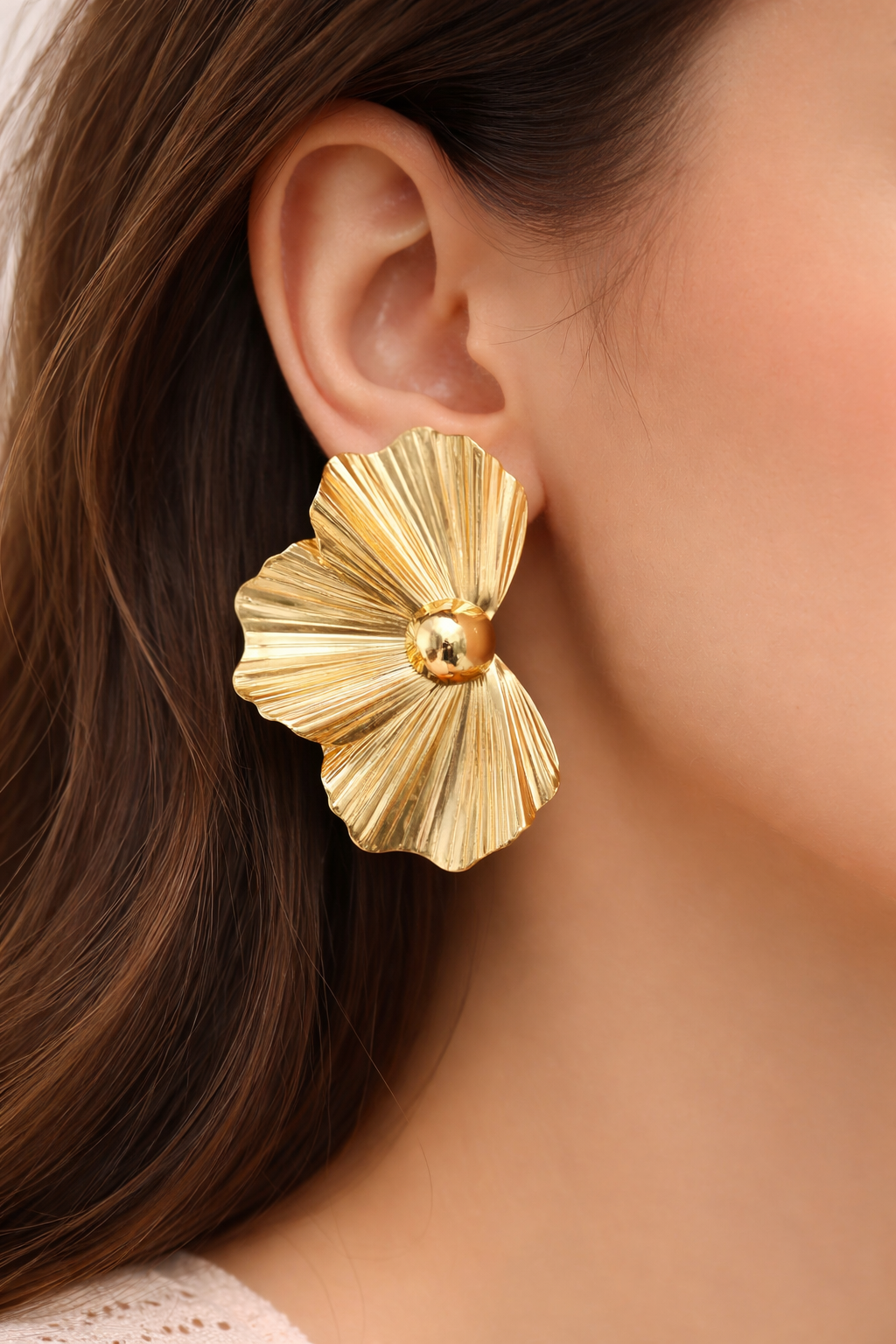 Fluted Petal Statement Earrings - Gold
