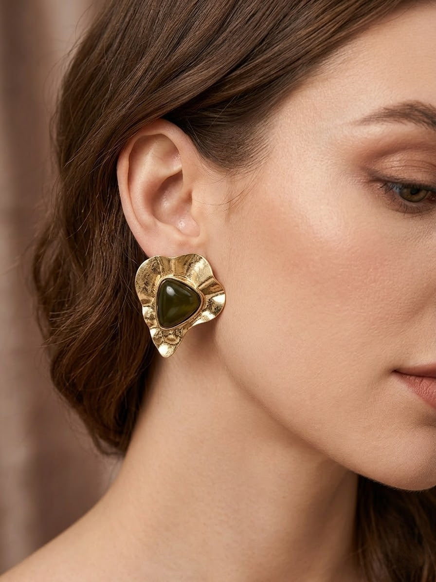 Abstract Stone Stud Earrings - Olive & Gold