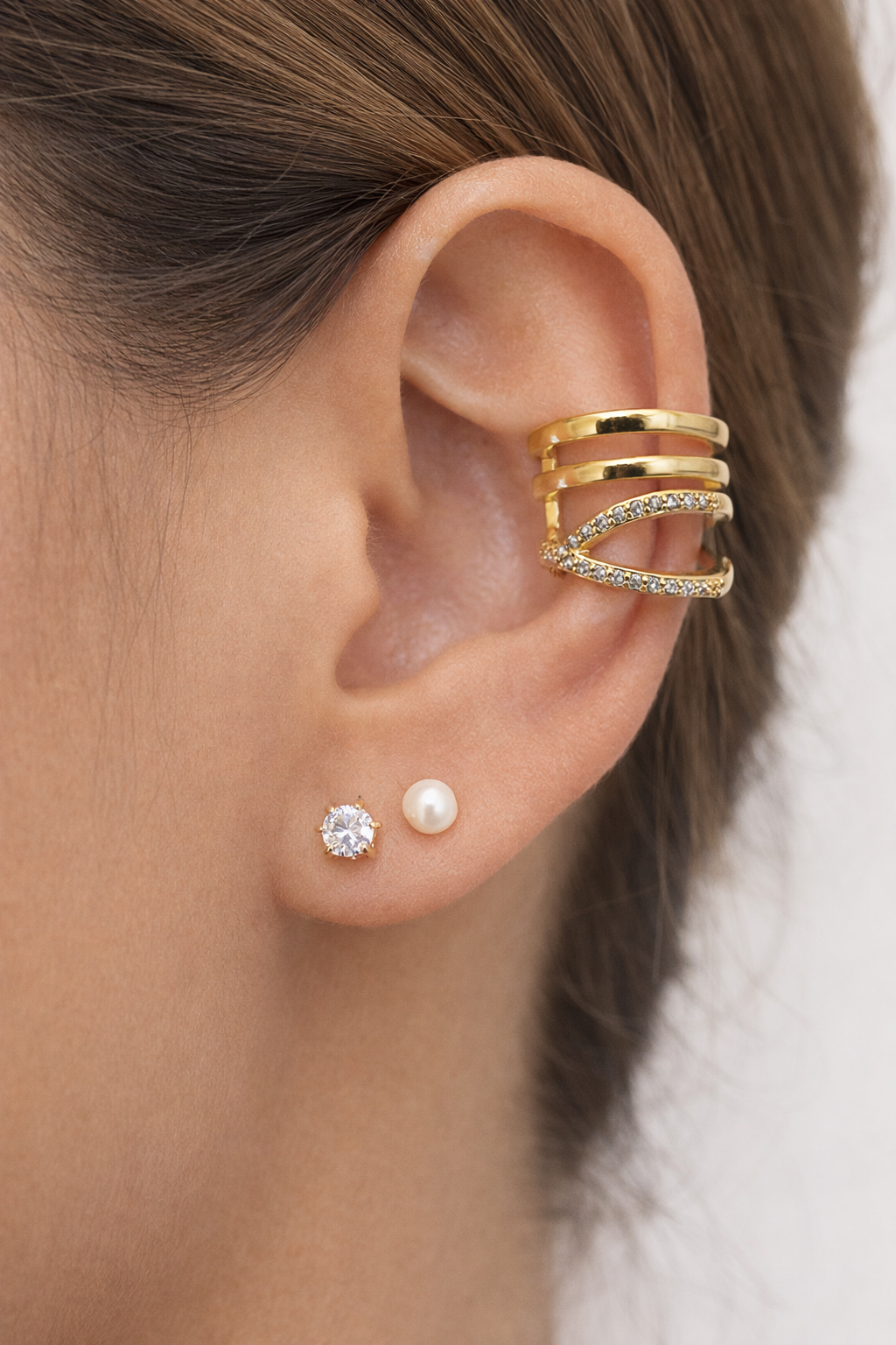 Crystal Ear Cuff & Pearl Stud Set - Gold