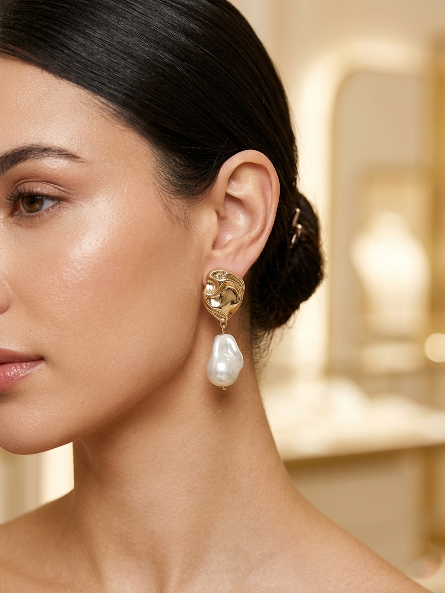 Baroque Pearl Drop Earrings - Gold & White