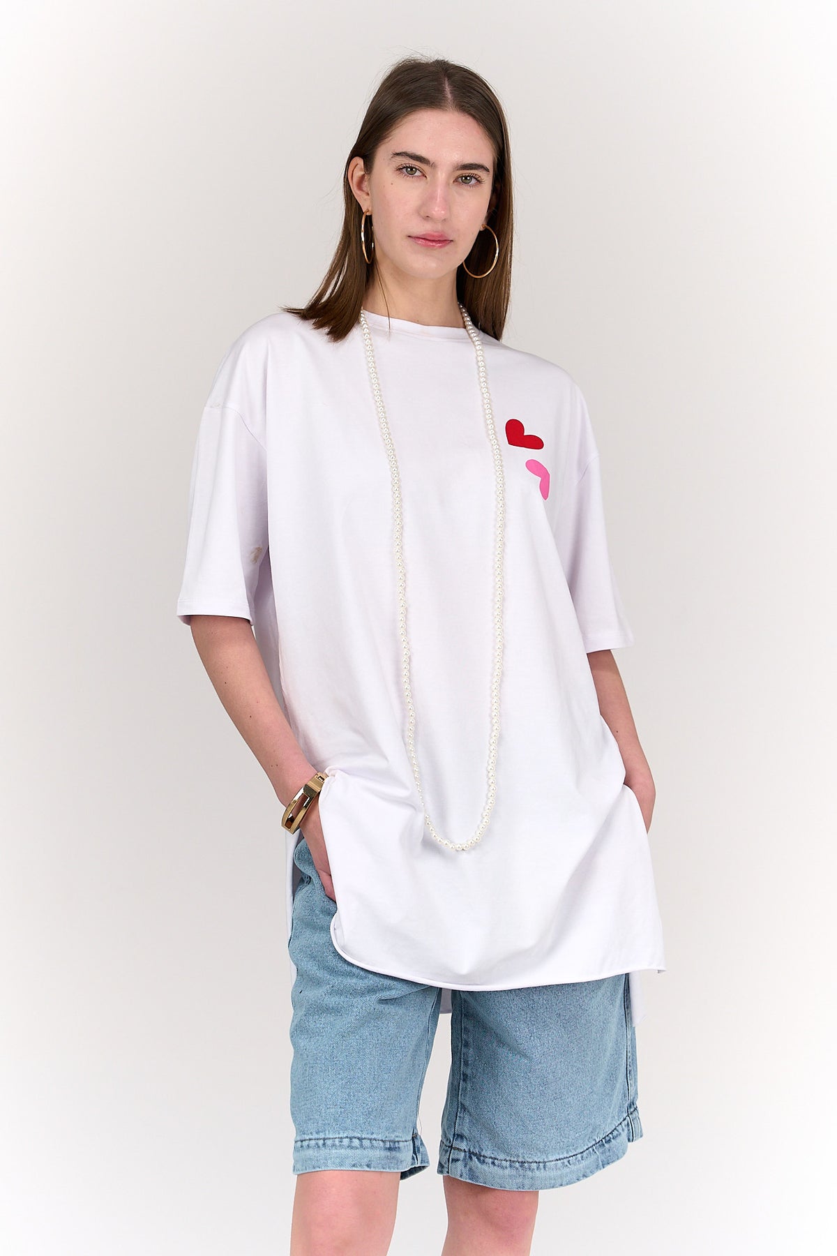 Printed Elbow Sleeves T-Shirt - White