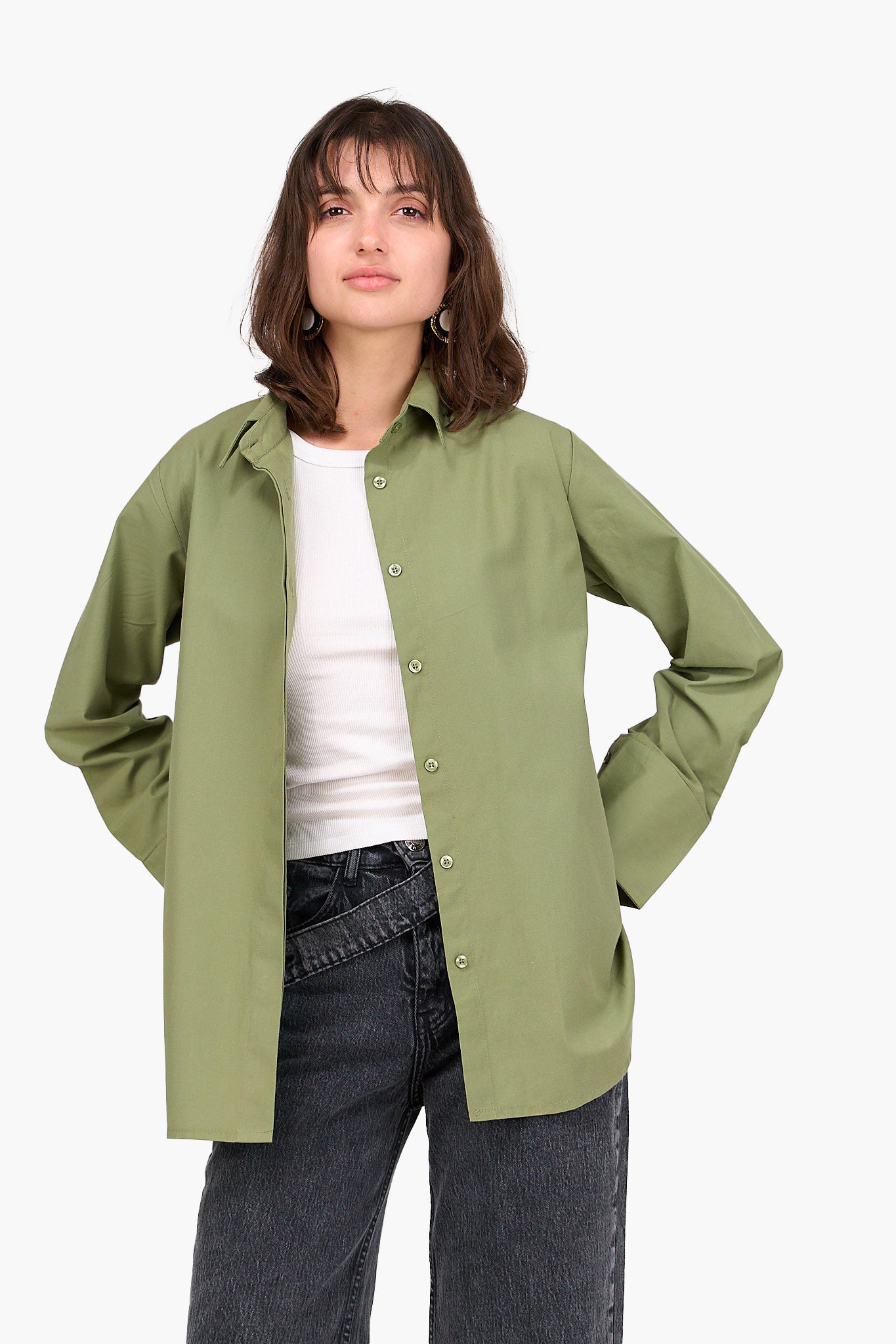 Poplin Hidden Placket Shirt - Olive