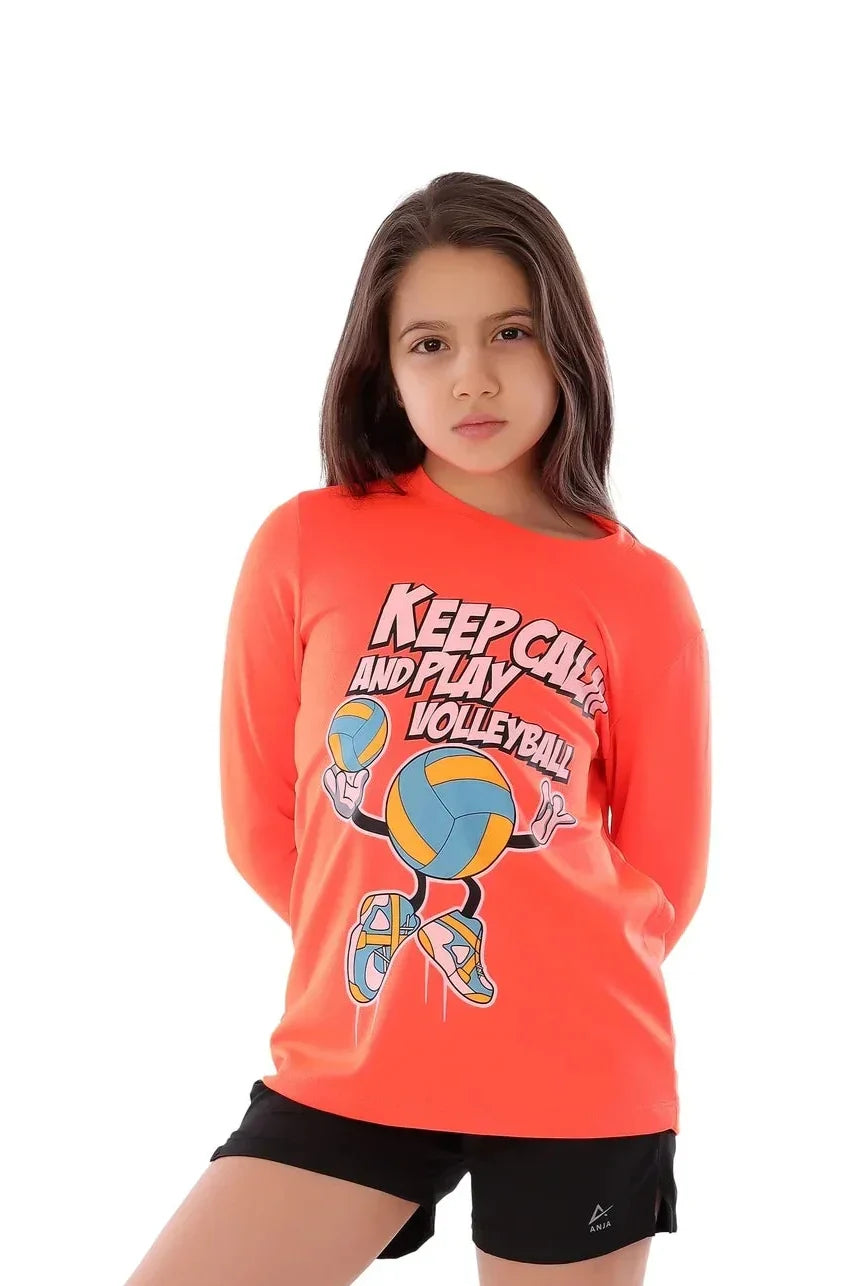 Volleyball Graphic Long Sleeve T-Shirt - Neon Orange