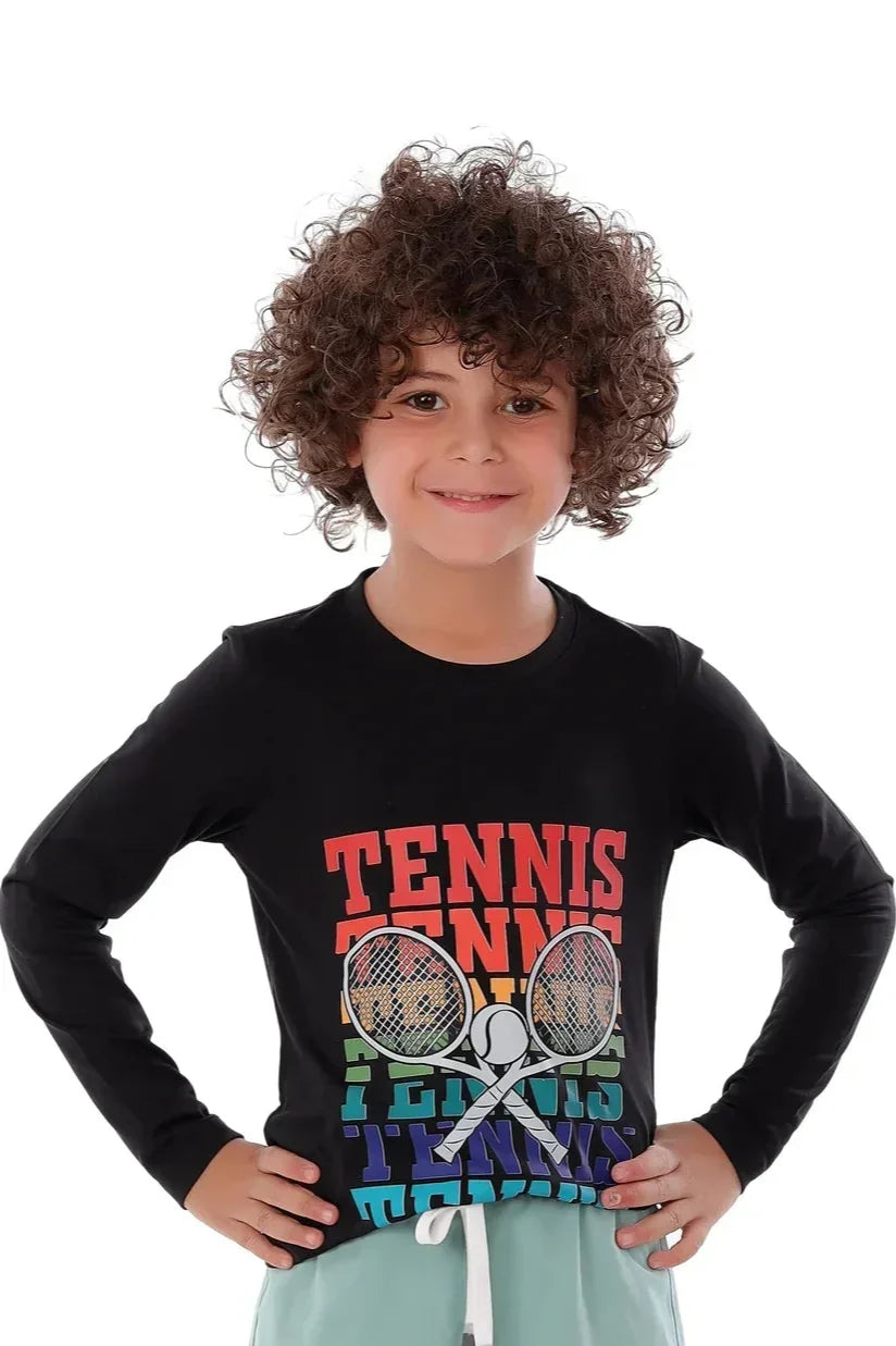 Tennis Graphic Long Sleeve T-Shirt - Black
