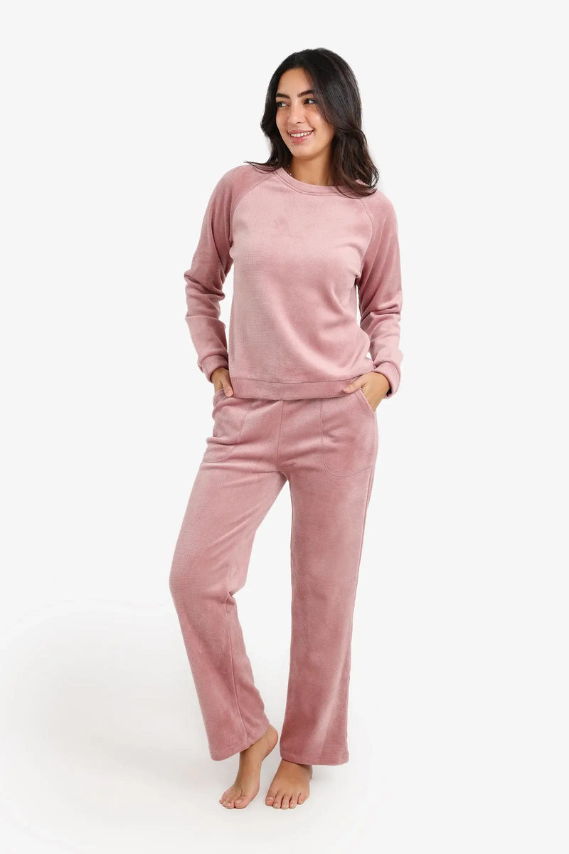 Velvet Textured Pajama Set – Pink Violet