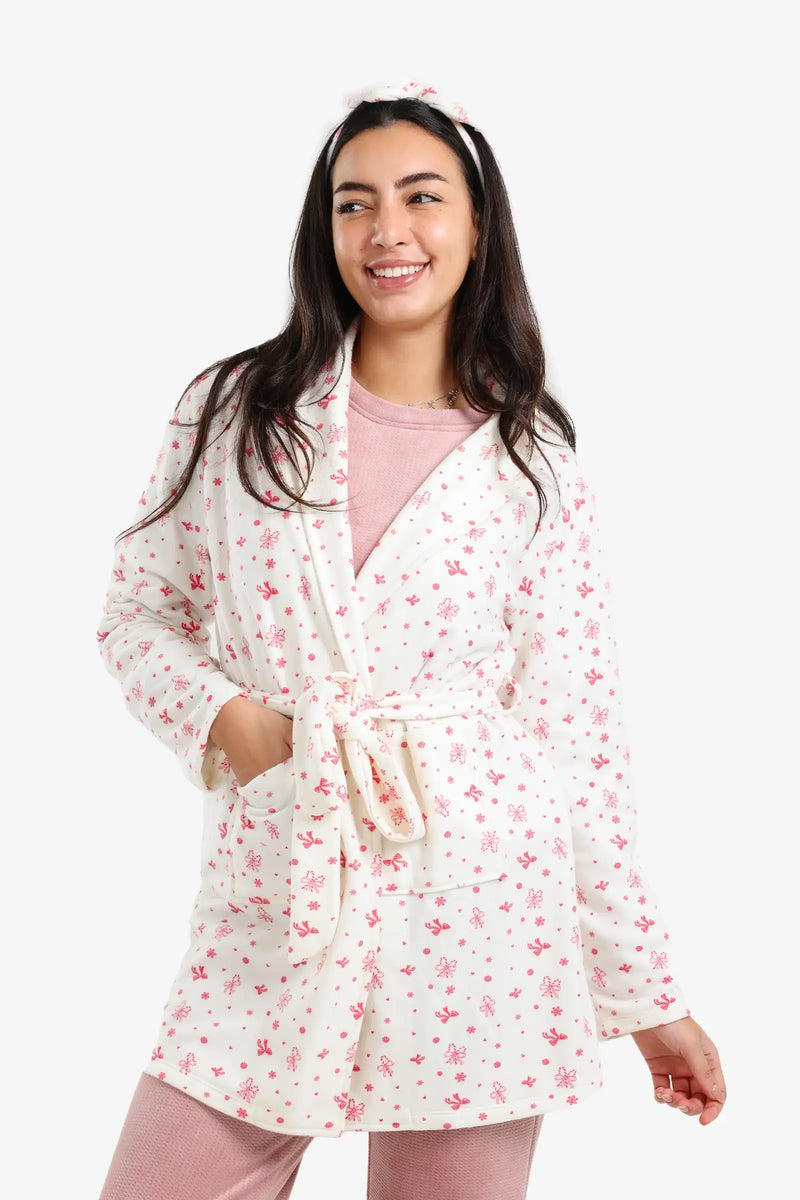 Polyester Printed Robe – White & Pink