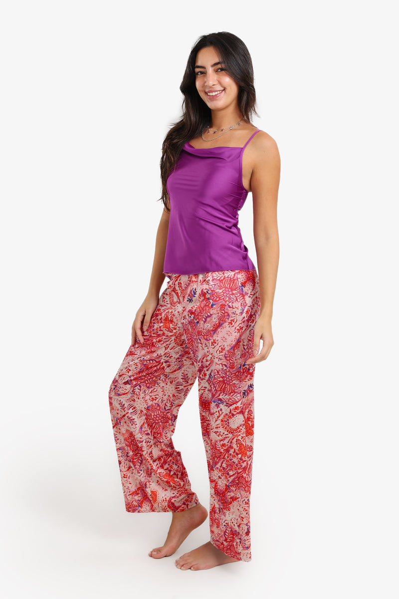 Satin Printed Pyjama Set – Purple & Multicolor