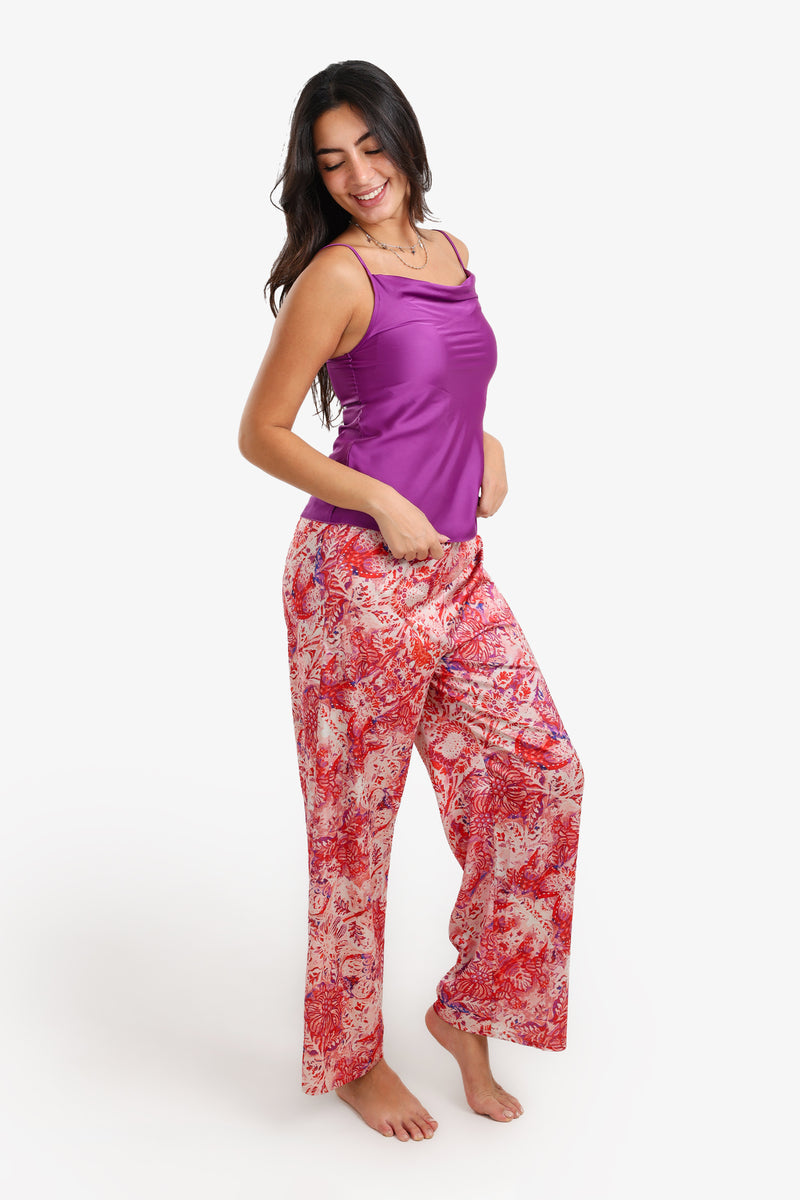 Satin Printed Pyjama Set – Purple & Multicolor