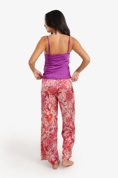 Satin Printed Pyjama Set – Purple & Multicolor