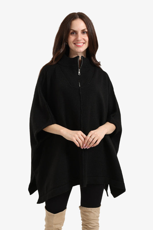 Plain Zip Neck Oversized Poncho Sweater – Black