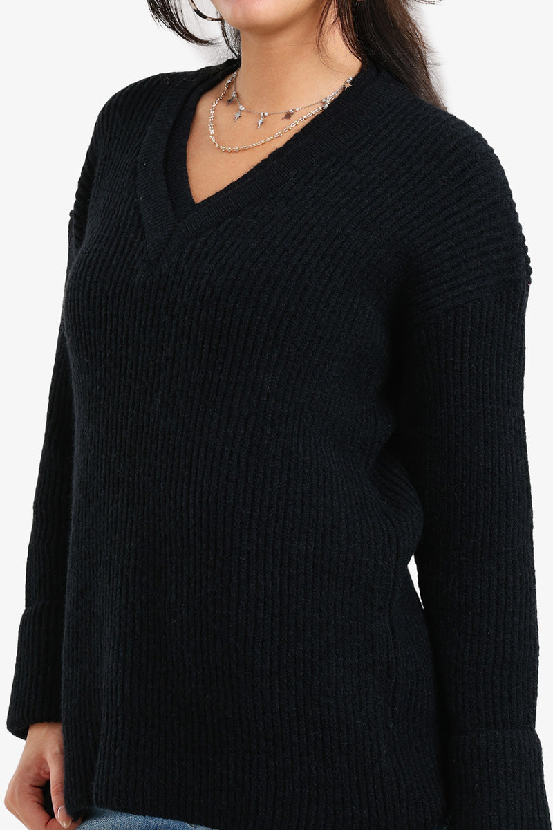 Acrylic Ribbed V-Neck Knit Pullover – Black