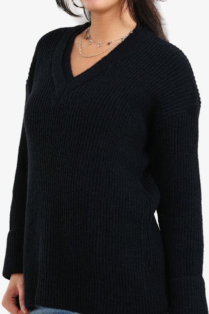 Acrylic Ribbed V-Neck Knit Pullover – Black