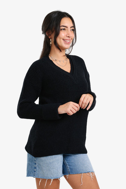 Acrylic Ribbed V-Neck Knit Pullover – Black