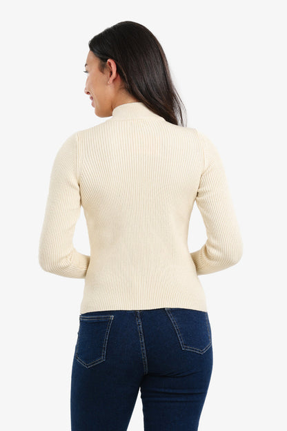 Wool Ribbed High Neck Pullover – Off White