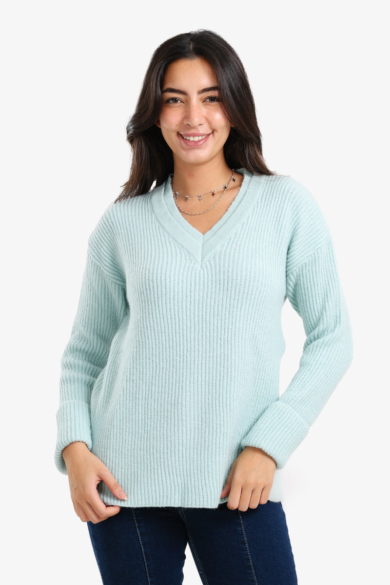 Acrylic Ribbed V-Neck Knit Pullover – Light Mint