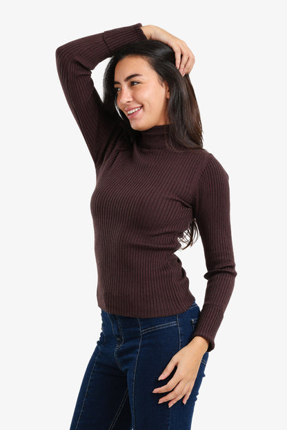 Polyamide Ribbed Turtleneck Pullover – Dark Brown