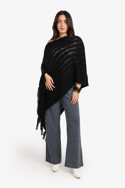 Acrylic Blend Self-Striped Knit Poncho – Black