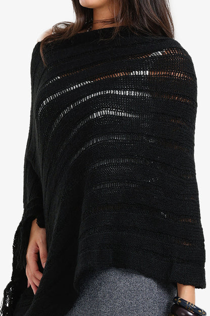 Acrylic Blend Self-Striped Knit Poncho – Black