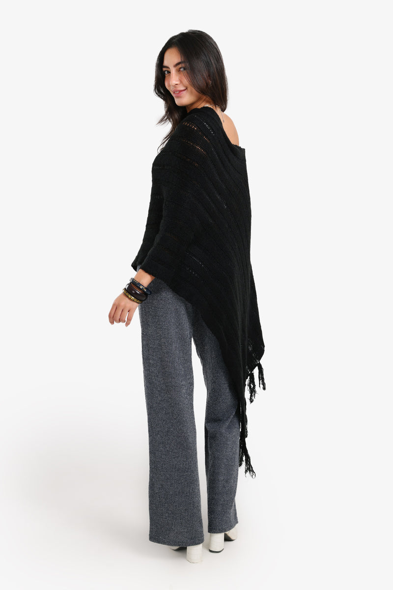 Acrylic Blend Self-Striped Knit Poncho – Black